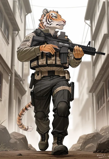 score_9, score_8_up, score_7_up, score_6_up, score_5_up, score_4_up, male, 2d, flat_colors, upper_body, portrait, male, furry, (Tiger:1), toned, masculine, (navy blue shiry, tactical shirt, long sleeved shirt) ((black pants, cargo pants)) (tactical boots) ((tactical gear:1.5)) ((tactical:1.5)) (khaki tactical armor:1) ((plate carrier vest)) (((tactical vest))), (((tactical utility belt))), holding ranged weapon, ((((assault rifle:1.7)))) ((AR15)) ((serious)), cinematic, brown_eyes, solo, detailed_fur, body_fur, ((dillapidated landscape)), walking, aiming, male, furry, ((full body)), B2B style, Bad2Bad style, masterpiece, best quality, amazing quality, very aesthetic, high resolution, ultra-detailed, absurdres, newest, scenery, depth of field, photorealistic details, volumetric lighting