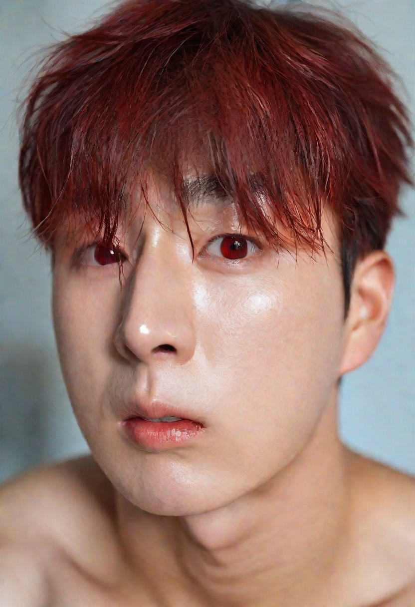 <lora:AsianGuy:0.8>, AsianGuy, (nodaeng:1.5), masterpiece, ultra-HD, cinematic lighting, photorealistic, (impressionism:1.5), high detail, depth of field, (blurred background), (dramatic lighting),masterpiece, best quality, very aesthetic,8k,masterpiece, best quality, realistic, masterpiece, best quality, 8k, breeze style, short hair,<lora:add_detail:1>, ((aesthetic_male_form:1.2, light skin)), (focus male), ((mature man:1.3)),
<lora:Breez_Style:0.95>, breeze style, shiny skin, fair skin, smooth skin, dynamic view,<lora:PenisQuiron_illus:0.8>, , tougo asagaki, red hair, red eyes, young face, male face, extreme painful facial expression, exhausted, defeated, after passionate encounter, trembling, clean face