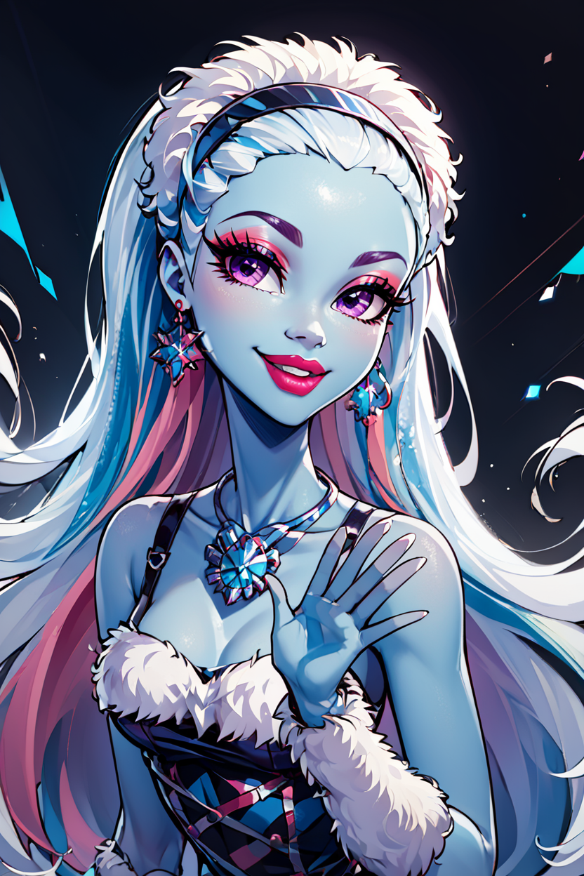 score_9, score_8_up, score_8, medium breasts, (curvy), cute, eyelashes,       ,,, , ,,, zzAbbey, purple eyes, blue hair, hairband, long hair, multicolored hair, pink hair, very long hair, white hair, colored skin, blue skin, makeup, jewelry, dress, earrings, fur trim, bare shoulders, necklace, eyeshadow, lipstick,  <lora:AbbeyBominable_MH_PDXL:0.8>,    ,,,, BREAK, looking at viewer, ,,, smile, waving, upper body, leaning forward, head tilt, ,,, embedding:zPDXL, Expressiveh, ,,, <lora:CatalystStylePDXL:0.6>, <lora:SDXLFaeTastic2400:0.5>, <lora:Expressive_H-000001:0.4>,