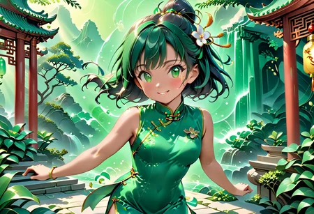 score_9, score_8_up, score_7_up, score_6_up, 1girl, petite body, 19yo beatifull, chinese girl, wearing green Cheongsam , fighting stance, cute , shy, smile, background: chinese temple made out of jade, detailed background, refreshing, dynamic lighting, dramatic and magical,