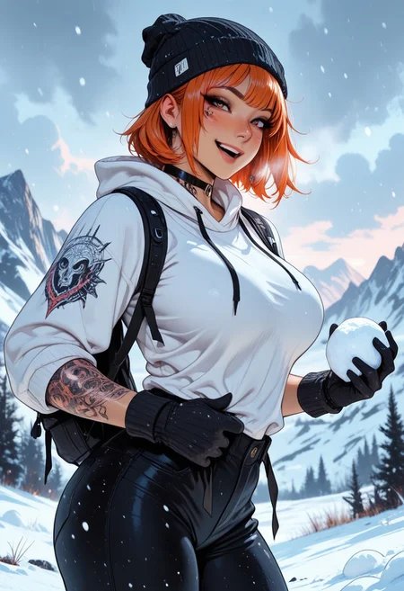 highres, very detailed, amazing quality, masterpiece,
very aesthetic,
glitter, particle effect,
1girl, solo, tan skin, toned arms, Covered in Tattoos, tattoo, arm tattoos, neck tattoos, chest tattoos, hoodie, pants, beanie, large breasts, choker, knit gloves, visible shoulders, sleeves rolled up, forearms visible,
seducing, seductive, flirty, tender, loving, playful, looking at viewer, laughing, smiling, playing in the snow, snowball, throwing snowball, slutty,
Hiking on a mountain, snowing, Cloudy Sky,
View from the front, front view,