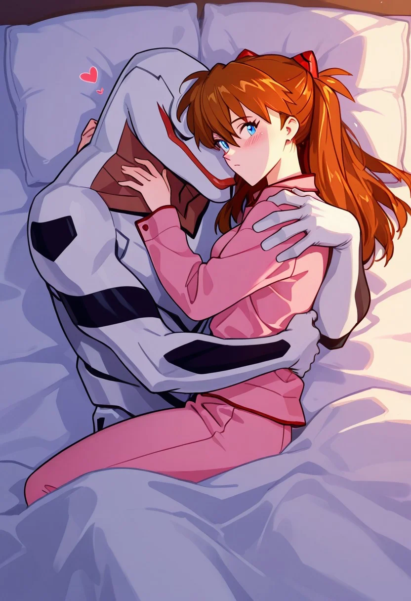 Masprodeva1, asuka langley /(evangelion)/, <lora:cuddling-under-covers-illustriousxl-lora-nochekaiser:1> under covers, cuddling, couple, on bed, heart, open eyes, hugging, hug, pajamas, blush, cowboy shot, looking at another
masterpiece, best quality,