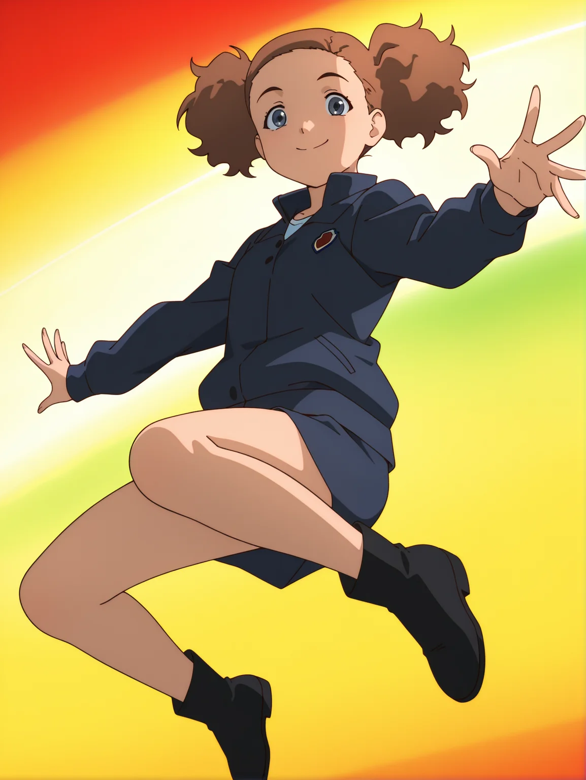 masterpiece, best quality, amazing quality, absurdres, newest, dynamic_angle, defined facial features, anime coloring, anime screencap,
<lora:Reika-Juri_IL1.1_v0:1>
kato juri \(sel\), grey eyes, jumping, outstretched arms, looking at viewer, multicolored background, black footwear, smile, full body,