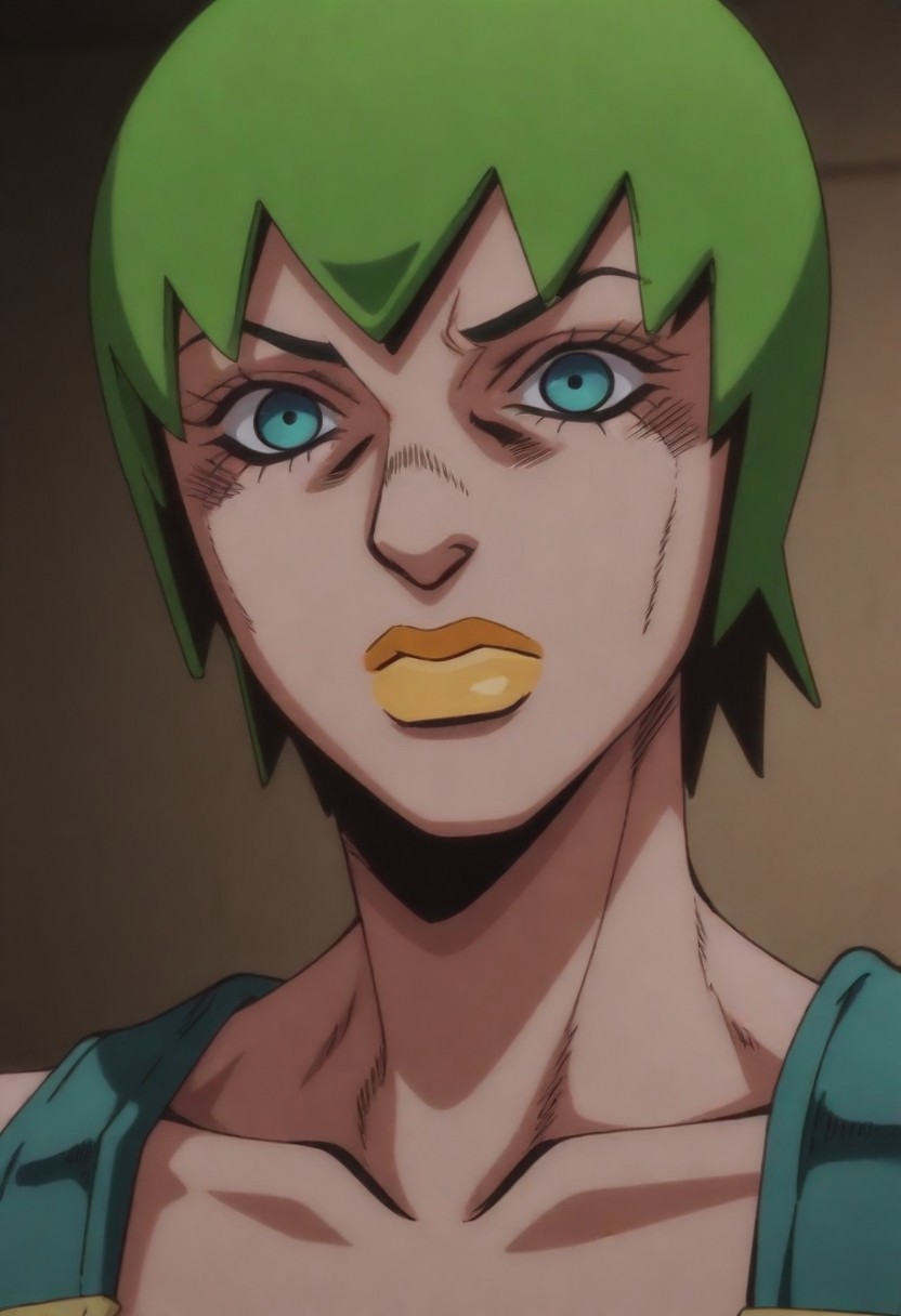 masterpiece, best quality, amazing quality,,, shiny skin,,,,,  (((1girl, solo, FooFighters, Green Hair, Short Hair, Cyan Eyes, Yellow Lipstick, Teal Overalls, Gold Buttons, perfect face, detailed eyes))),