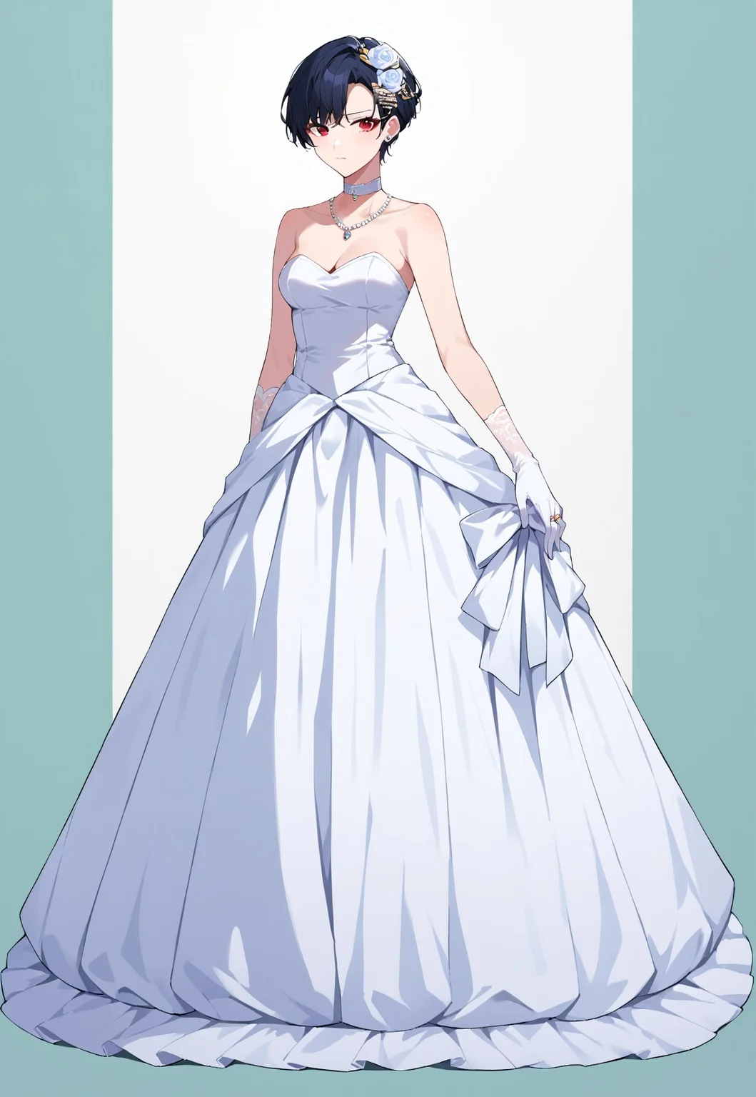 score_9, score_8_up, score_7_up, source_anime, wedding dress, necklace, closed mouth, short hair, black hair, choker, red eyes, hair ornament, full body, white gloves, ring
