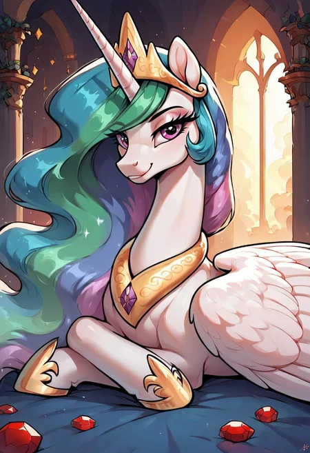 masterpiece, score_9, score_8_up, score_7_up, (best quality:1.1), ultra-detailed, high resolution, 1character, princess celestia, (((beautiful detailed eyes))), Long eyelashes, Looking At Viewer, Highly Visible, (((8k))), Source_anime, feral, pony, alicorn, female, wings, tail, royal, Lounging On Bed On Side, Looking At Viewer, Bedroom Eyes, Smirk, sharp focus, gems, perfect lighting, beautiful eyes, long eyelashes, anatomically correct, extremely detailed, shine on body, high detail, cute face, sensual, smirk, happy facial expression, Expressiveh, detailed background, OverallDetail, zPDXL2
