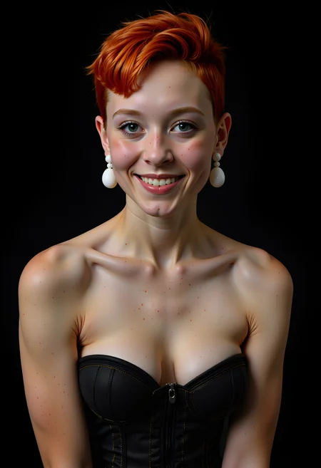 Professional studio quality beauty shot at a (simple black background) with magic lighting. (frontal view). Breathtaking portrait of beautiful owkx woman lovely presenting her sweet wearing a precious vintage corset. ginger buzz cut hairstyle. lipstick, eye shadow, freckles, big kinky white plastic earrings., <lora:flux_model_mandy_fictional_owkx woman_2300:0.85>, , , , ,