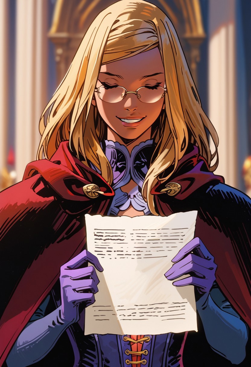 score_9,score_8_up,score_7_up, best quality, masterpiece, blonde hair, solo, long hair, paper, closed eyes, 1girl, dark skin, holding paper, smile, holding, upper body, red cape, glasses, holding glasses, smile, parted lips, teeth, purple gloves, upper body, red corset, Sangre,  luxurious mansion,