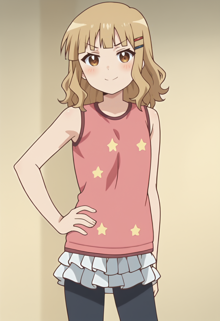 score_9, score_7_up, hd, (ultra hd quality details), source_anime, indoors,
solo, 1girl, oosaku, hairclip, anime screencap, 
pink tank top, star print, sleeveless, white skirt, frills, leggings,
looking at viewer, blush, smile, serious,
standing, hand on own hip, 
 <lora:_sakurako_oomuro-elesico-pony-e07:1>