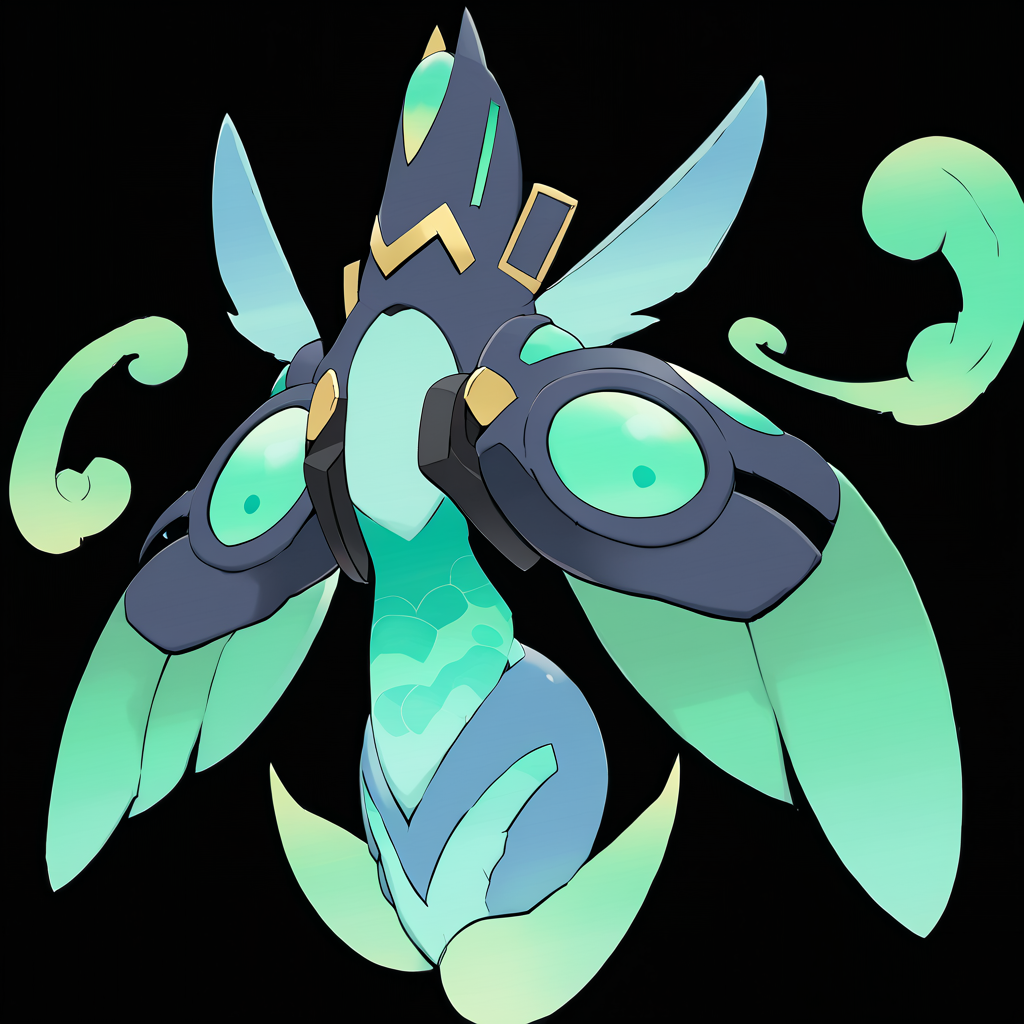 <lora:pokemon_pony_xl:1>, watercolor creature art like pokemon, Type: Steel, Type: Fighting, Egg Group: Ditto, is a pokemon creature that The monster's saliva contains Steel enzymes, aiding in the digestion of its specialized diet,It has a Green aura that forms a shield around its body when it senses danger an instinctive protector,It is a wanderer of the paths unseen, a traveler of the roads that wind through shadow and light, guided by a Indigo star,Its nesting behavior involves creating intricate patterns in the ground using its Blue tail tip.,Each of the animal's scales is edged with a Cyan glow adding an ethereal quality to its appearance score_9, score_8_up, score_7_up, score_6_up, score_5_up, score_4_up.  Simple black background, (Masterpiece:1.3) (best quality:1.2) (high quality:1.1)