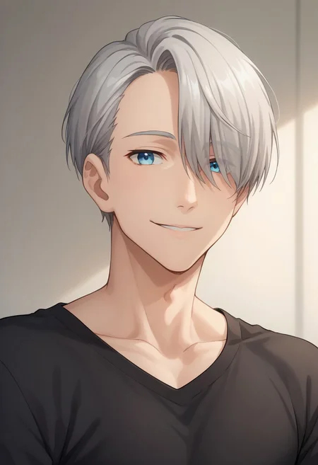 score_8_up, score_7_up, source_anime, highly detailed, 
viktornikiforov, 1boy, male focus, blue eyes, solo, upper body, grey hair, smile, hair over one eye, shirt, black shirt, long sleeves, collarbone,
