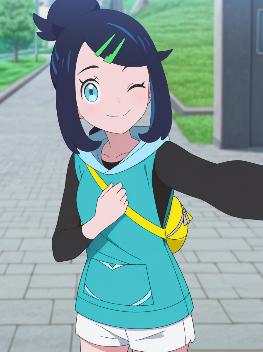 masterpiece, best quality, amazing quality, very aesthetic, absurdres, newest, anime screenshot,  anime coloring,      <lora:likoV2:1>likomegavoltage, long sleeves, 1girl, hair ornament, solo, blue eyes, black hair, smile, bag, shorts, single hair bun, blue hair looking at viewer, v_sign selfie wink
