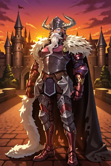 <lora:BaldusIL:0.8> , BldsDef, 1boy, one-eyed, purple eyes, white hair, beard, facial hair, mustache, eyepatch, horns, helmet, horned helmet, fake horns, armor, greaves, gauntlets, fur pauldrons, fur shawl, black cape, cape, torn cape, old, old man, full body, standing, castle, sunset, fierce, exterior, looking at viewer, solo, masterpiece, very aesthetic, absurdres, best quality, amazing quality, high resolution, detailed background,  <lora:illustrious_quality_modifiers_masterpieces_v1:0.8> , <lora:ChamIllustriousBackgroundEnhancer:0.5>