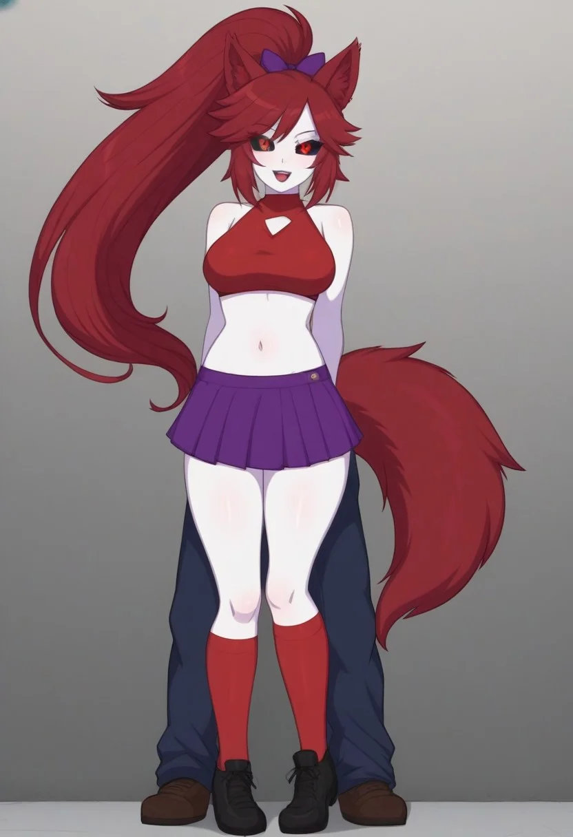 Masterpiece, High quality, Best quality, perfect eyes, perfect body, Very good quality, Oc, solo, 1girl, tall, adult, animal ears, tall wolf ears, colored sclera, wolf tail, red wolf tail with white mark on tip of tail, ((red wold tail)) purple skirt, red bikini, black sclera, ((Black sclera)) Red pupils, long red hair, long red ponytail, pink hair bow, red hair, midriff, white colored skin, ((white skin)), navel, red socks, small black shoes, standing