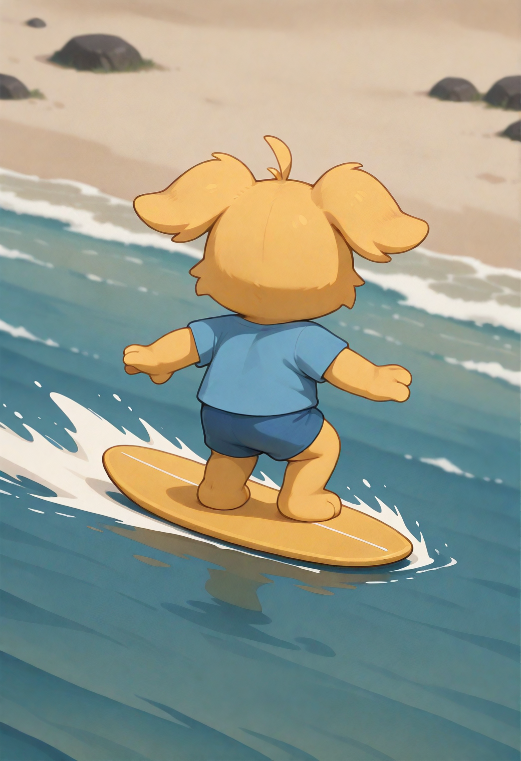 masterpiece, best quality, very aesthetic, newest, thronglet, furry, solo, yellow fur, blue shirt, blue shorts, surfing on water, ocean, beach