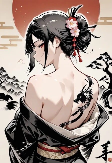 masterpiece,best quality,amazing quality,newest,absurdres,highres, newest,very awa, ,sumi-e ,ink wash painting,
from behind, upper body,
1girl, beautiful face, perfect eyes, detailed eyes,mature female,
black hair,straight hair, blunt bang,updo,
red eyes,looking at viewer, 
dragon tattoo,cherry blossom,tsumami kanzashi, ิblack kimono,kimono pull ,neck focus,
,intricate details, dark background, (painting background:1.4),(red sun),egasumi ,ink stroke, (calligraphy:1.5) ,tree