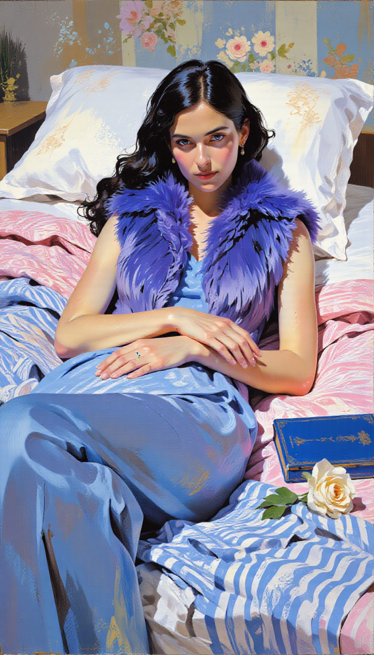 pscho_4rt,mythp0rt,very wide angle, put subject further away, small subject, A painting of a woman reclining on a bed, wearing a blue fur vest and a blue and white striped blanket. the woman, who appears to be in her mid-twenties, has long, wavy black hair and a serene expression. she is positioned in the center of the image, with her upper body facing the viewer and her eyes looking directly at the viewer. her body is slim, and she is wearing a purple fur vest over a pink and blue patterned bedspread. on the bed, there is a blue book and a white rose, adding a touch of elegance to the scene. the background of the painting is a soft, pastel color palette, with a subtle pattern of flowers and stripes. the style of the drawing is reminiscent of modern impressionism, with loose brushstrokes and vibrant colors.  1girl, solo, long hair, looking at viewer, blue eyes, black hair, dress, lying, on back, scarf, lips, pillow, book, on bed, pink bedspread, blue scarf  camera_angle: from above, art_style: painting, location: indoor, background: a bed with a patterned blanket and flowers, text: NA, distance_to_camera: upper body, clothing: blue vest, image_composition: middle, pants: blue pants, accessory: blue scarf, shoes: none, action: reclining, facing_direction: facing viewer, eye_direction : looking to the side, facial_expression: calm, ear: NA and eye_color: blue eyes.