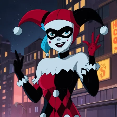 anime artwork of <lora:Harley Quinn:1.2>
Harley Quinn a cartoon character dressed in a red and black outfit In Gotham City Universe, anime style, key visual, vibrant, studio anime, highly detailed
