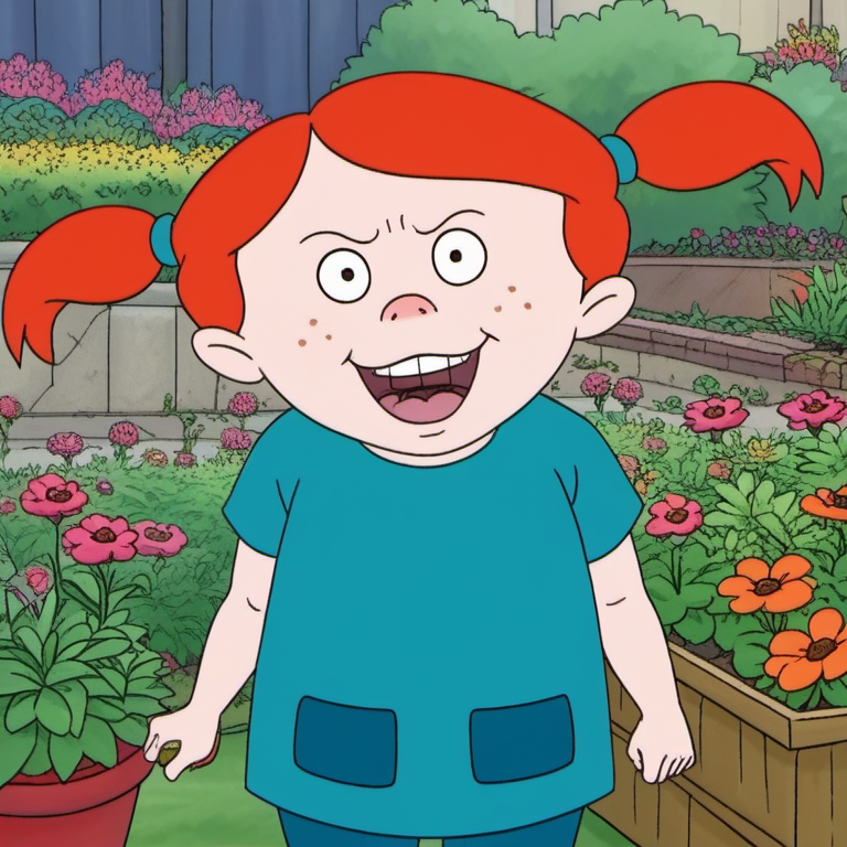 solo, 1girl, vvhh1, young child, orange hair, twintails, freckles, cute, sweet, happy, looking at viewer, wide eyed, aqua shirt, blue pants, blush, sweet, picking flowers, garden, official style, <lora:vvhh1:1>,