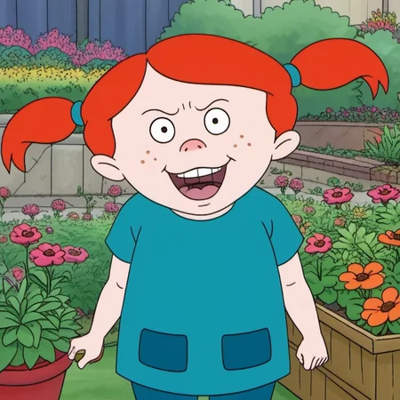 solo, 1girl, vvhh1, young child, orange hair, twintails, freckles, cute, sweet, happy, looking at viewer, wide eyed, aqua shirt, blue pants, blush, sweet, picking flowers, garden, official style, <lora:vvhh1:1>,