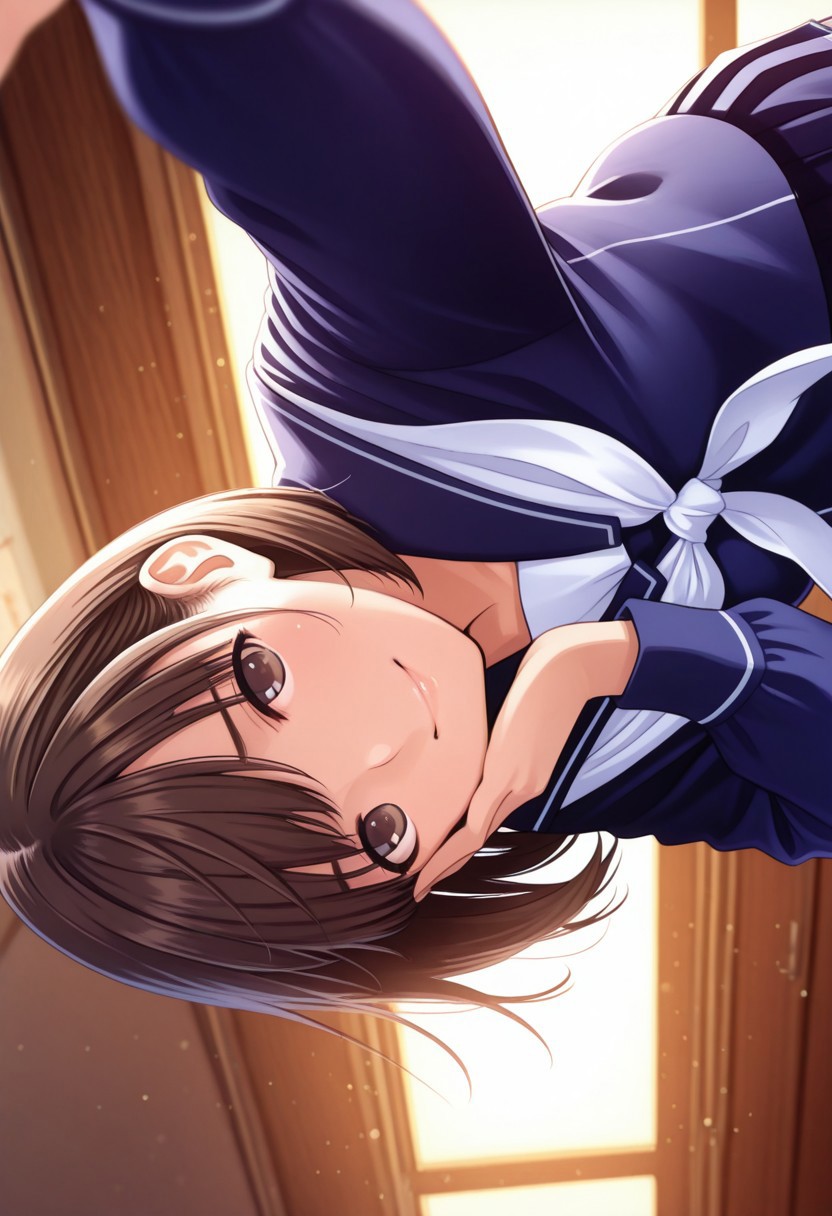 1girl, nene,brown hair,brown eyes, n_b_clothes,long_sleeves,blue serafuku,neckerchief,pleated skirt,black_pantyhose,smile, spread hand on cheek, close-up,, looking at viewer, sexy pose, outsides,masterpiece, best quality, ultra-detailed, best illustration, soft lighting, bloom, light particles, glow, shiny hair, detailed background, dynamic lighting, volumetric lighting, dynamic pose, dynamic angle,