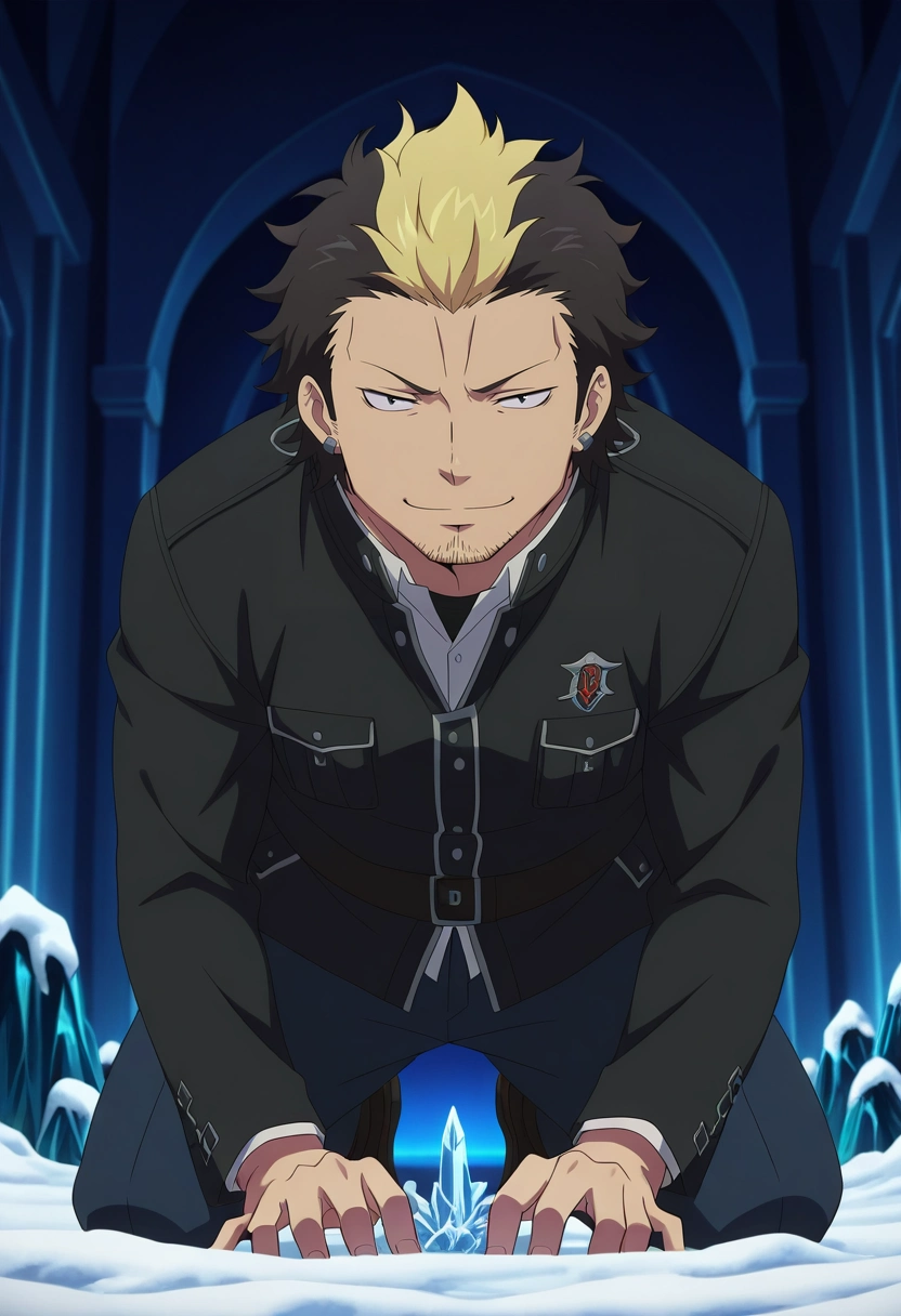 masterpiece, best quality, intricate details, anime screencap, anime coloring, official style, looking at viewer, , 1boy, solo, male focus, <lora:ryuuji_suguro_ilxl:0.92>, ryuuji_suguro, black hair, black eyes, short hair, streaked hair, multicolored hair, two-tone hair, blonde hair, facial hair, stubble, , symmetry, snowy town, snow, ice, stalagmite, indoors, dark, kneeling, half-closed eyes, smile, ,