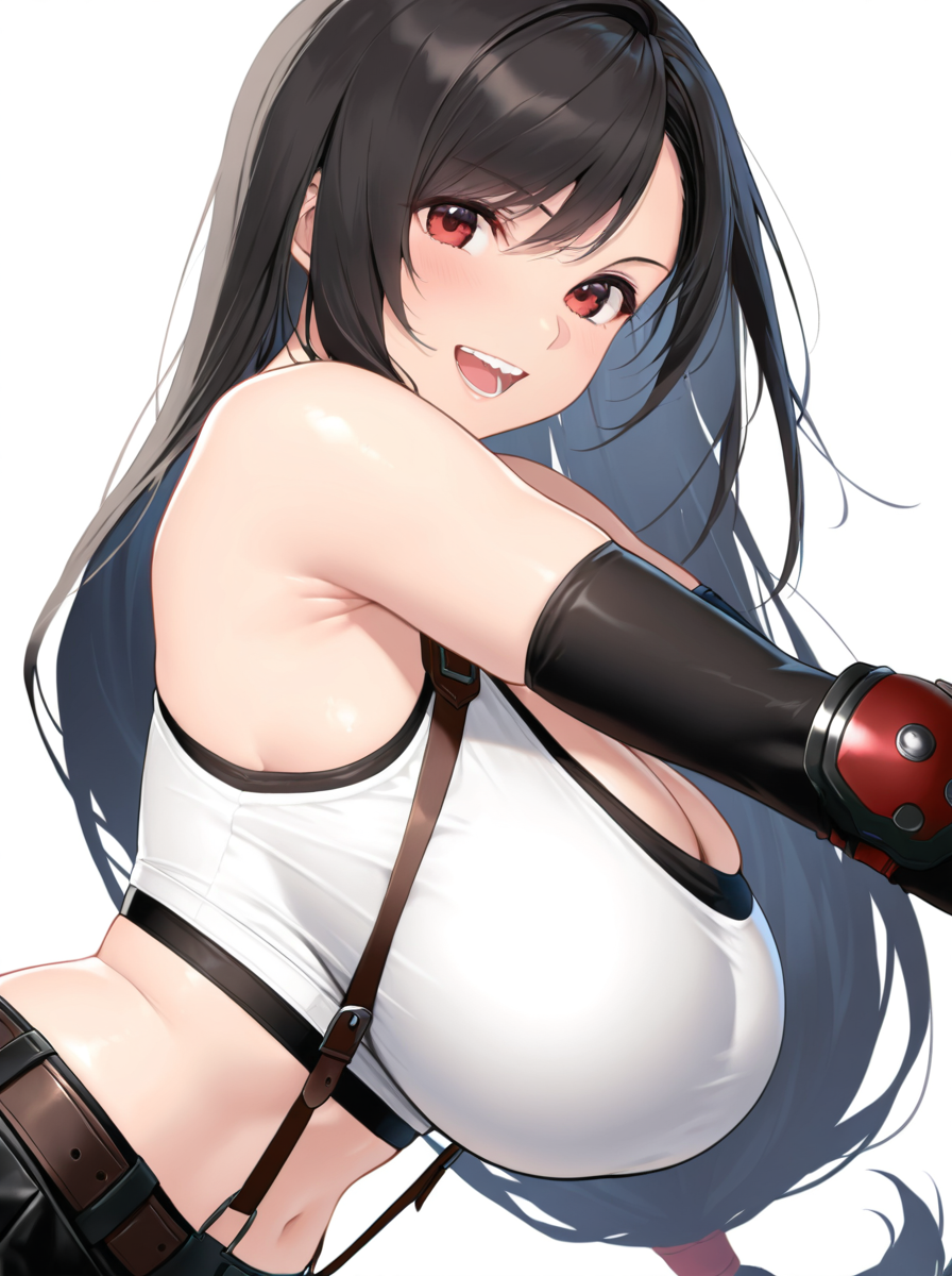 masterpiece, highres, ultrares, absurdres, best quality, ultra detailed face, Detailed teeth, ultra detailed eyes, ultra detail skin, ultra detail body, ultra detailed, amazing quality, very aesthetic, absurdres, (hyper detailed features), tifa lockhart, 1girl, armpit crease, bare shoulders, belt, belt buckle, black hair, black skirt, breasts, brown belt, buckle, crop top, elbow gloves, from side, gloves, huge breasts, long hair, looking at viewer, low-tied long hair, midriff, red eyes, simple background, skirt, solo, suspender skirt, suspenders, tank top, white background, white tank top,