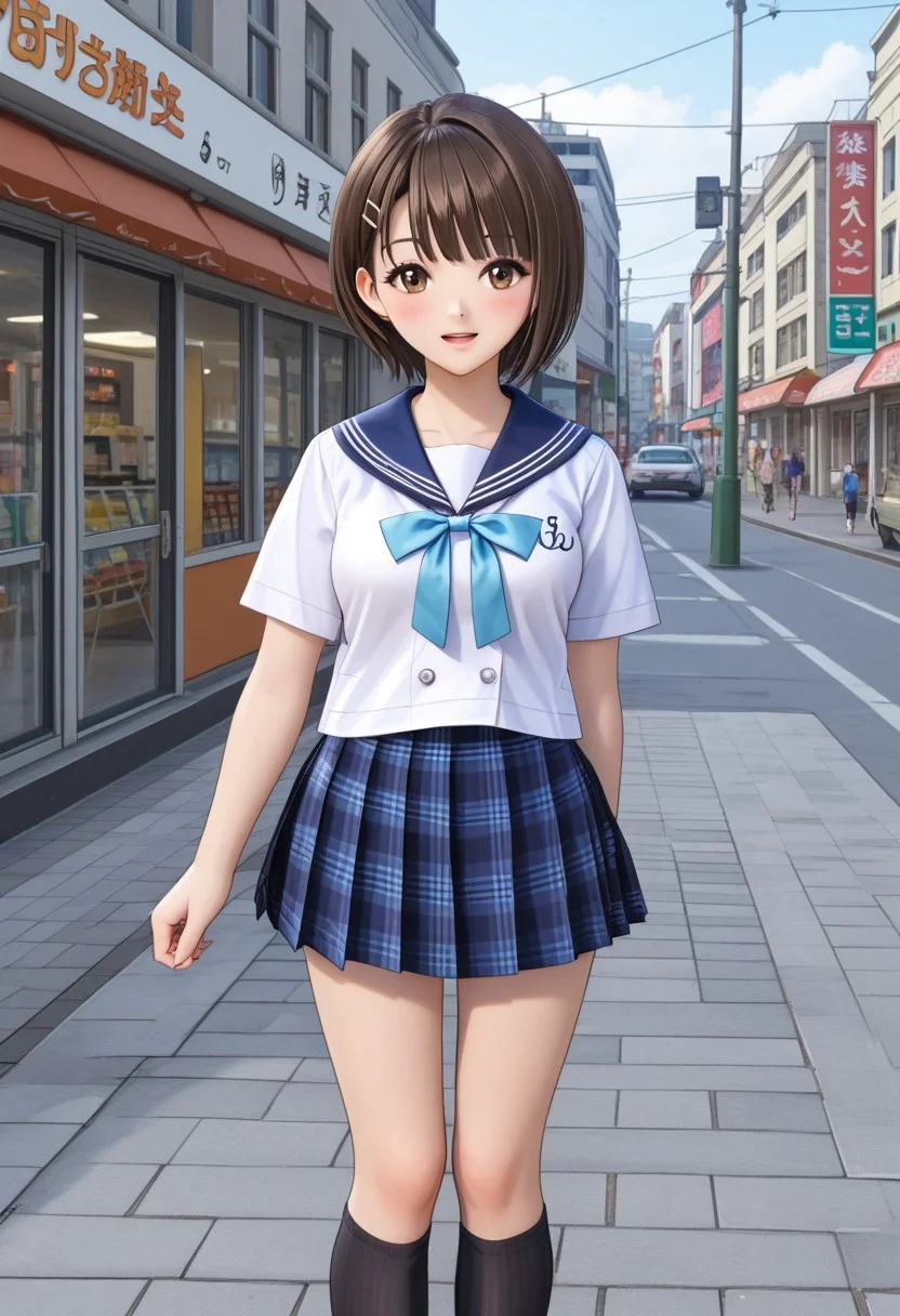 Shirai Hinako, 1girl, solo, looking at viewer, blush, short hair, bangs, skirt, pedestrian city, brown hair, shirt, shop background, ribbon, brown eyes, closed mouth, school uniform, standing, white shirt, short sleeves, pleated skirt, serafuku, sailor collar, blue skirt, plaid, kneehighs, plaid skirt, blue sailor collar, black socks, loafers, <lora:Shirai_Hinako_Blue_Reflection_Pony:0.7> anime color, seductive smile, (kishida mel), open mouth, medium breast, <lora:HandFixer_pdxl_Incrs_v1:1> (slender body), medium skirt, (tall girl), thin face,
