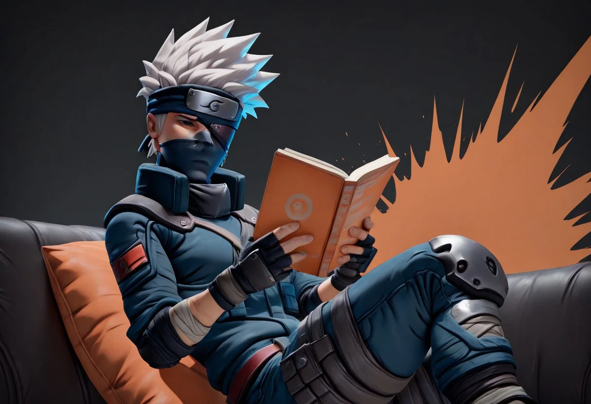 BLSplash,,masterpiece, best quality, newest, absurdres, highres, kakashi hatake, abstract background,3d,sitting on couch, reading book,orange book, dark grey eye