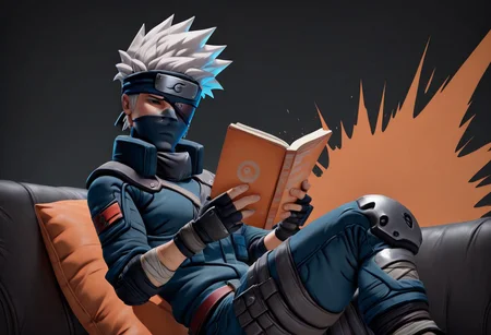 BLSplash,,masterpiece, best quality, newest, absurdres, highres, kakashi hatake, abstract background,3d,sitting on couch, reading book,orange book, dark grey eye