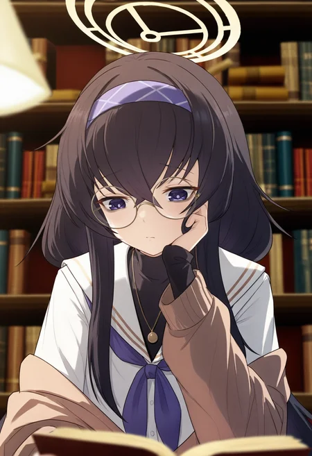 quragenomiken, 1girl, solo, long hair, shirt, black hair, long sleeves, hair between eyes, closed mouth, jewelry, twintails, school uniform, purple eyes, white shirt, upper body, hairband, glasses, serafuku, indoors, sailor collar, off shoulder, necklace, blurry, halo, neckerchief, book, depth of field, low twintails, cardigan, crossed bangs, white sailor collar, pendant, round eyewear, head rest, open book, bags under eyes, bookshelf, reading, blue hairband, blue neckerchief, brown cardigan, book stack, purple hairband, library, white serafuku, black undershirt, eyewear strap, purple neckerchief, ui \(blue archive\) <lora:quragenomiken:0.8>, film grain
