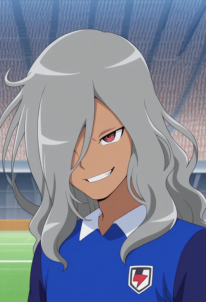 masterpiece,best quality,amazing quality, source_anime,
HaizakiRyouhei, 1boy, male focus, solo, dark skin, dark-skinned male, red eyes, grey hair, long hair, hair over one eye, orion soccer uniform, shirt, blue shirt, popped collar, raglan sleeves, portrait, grin,
outdoor,