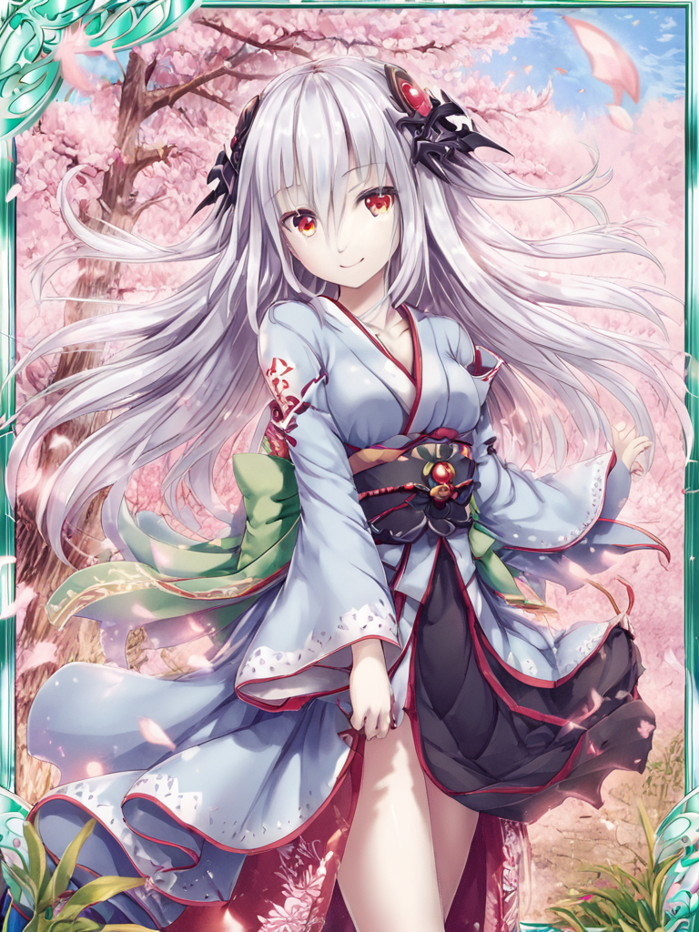 <lora:calamity:1>,1girl,dress,hair_ornament,long_hair,solo,tree,wind,smile,kimono,