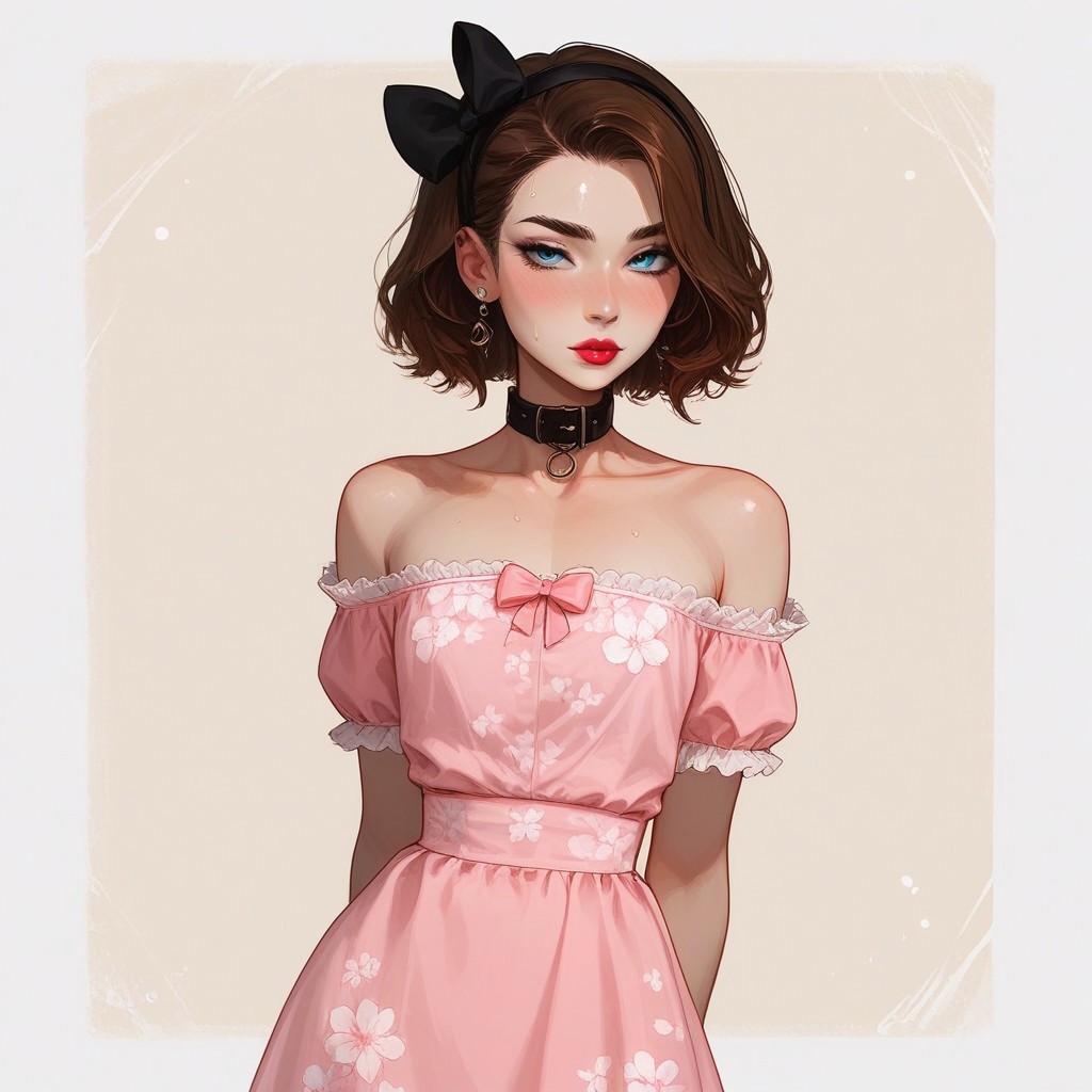 score_9, score_8_up, score_7_up, Expressiveh, fFaceDetail, OverallDetail, sexy pose, 
, kawaii, perfect eyes, detailed, , pale skin, perfect skin, 
(1_Femboy), detailed eyes, big blue eyes,
 , 
sexy skinny feminne body, round sport ass, 
, narrow waist, bob haircut ,brown hair, 
Lace stockings, , black nails, , ear piercing, makeup, lipstick, strands, black collar, , ,
, submissive, thin waist, 
Aroused, , 
sexy, blush,, eyes widen, sweat, 
Solo, 
 cotton dress, cincher, pink dress, floral print, lace, bow, back bow, collarbone, hairband, hair bow, highly detailed, intricate, arms out, leaning back, contrapposto, modelshoot, abstract background, cowboy shot, solo