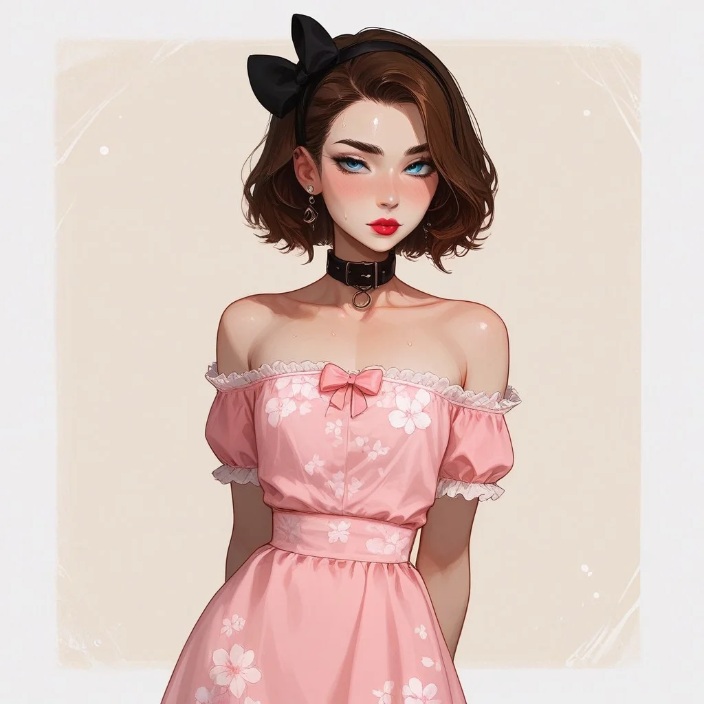 score_9, score_8_up, score_7_up, Expressiveh, fFaceDetail, OverallDetail, sexy pose, 
, kawaii, perfect eyes, detailed, , pale skin, perfect skin, 
(1_Femboy), detailed eyes, big blue eyes,
 , 
sexy skinny feminne body, round sport ass, 
, narrow waist, bob haircut ,brown hair, 
Lace stockings, , black nails, , ear piercing, makeup, lipstick, strands, black collar, , ,
, submissive, thin waist, 
Aroused, , 
sexy, blush,, eyes widen, sweat, 
Solo, 
 cotton dress, cincher, pink dress, floral print, lace, bow, back bow, collarbone, hairband, hair bow, highly detailed, intricate, arms out, leaning back, contrapposto, modelshoot, abstract background, cowboy shot, solo