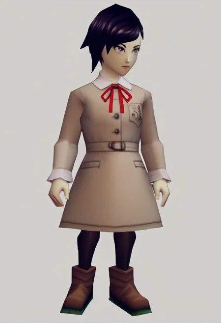 score_9, score_8_up, score_7_up, source_anime BREAK 1girl, solo,
 <lora:zs_N64ZeldaStyleXL:1> n64zeldastyle, 3d, polygonal, white background, full body
 <lora:zs_YokoXL:1> yokosmtvv, short hair, black hair, swept bangs, brown uniform, long sleeves, brown sleeves, red neck ribbon, skirt, black pantyhose,