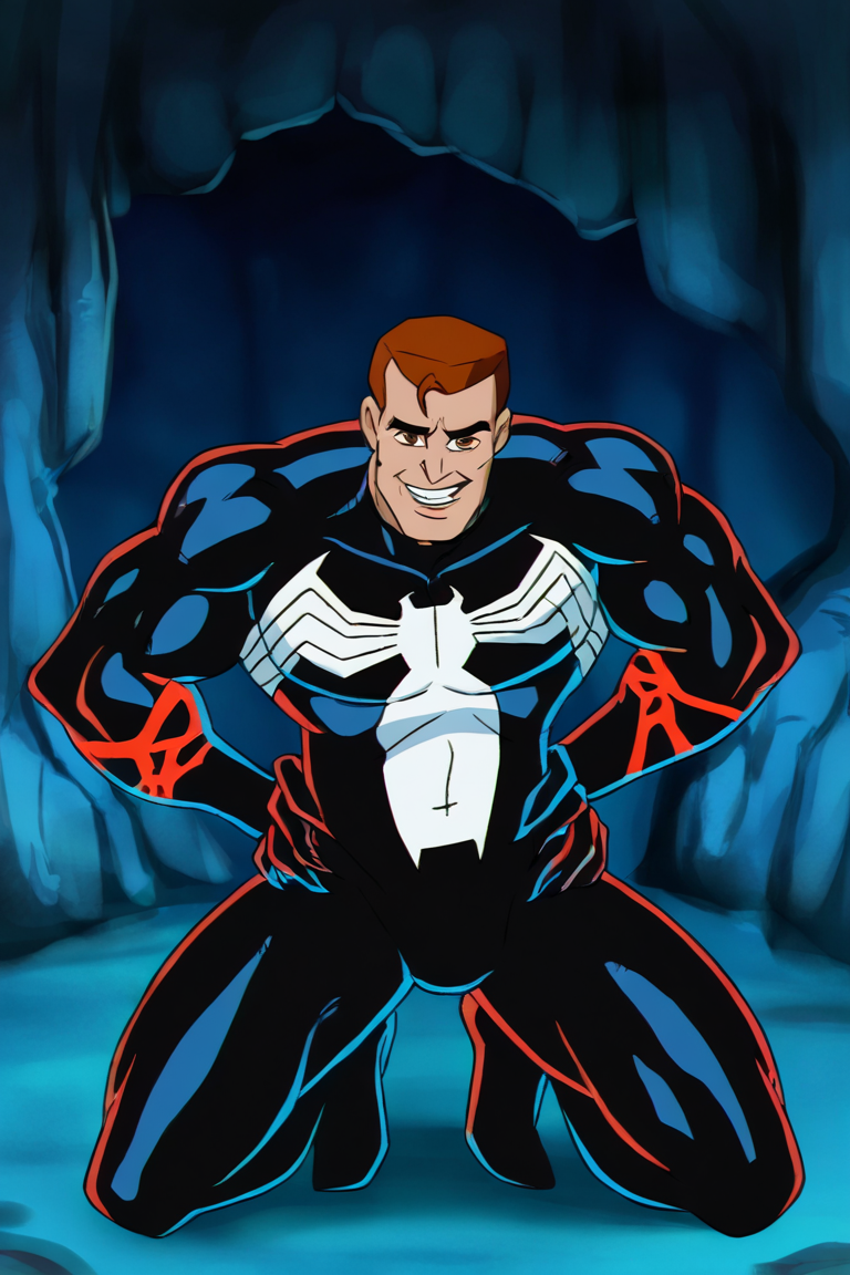 masterpiece, best quality, highres, newest, eddiebrock, venom, 1boy, solo, male focus, mature male, short hair, orange hair, brown eyes, thick eyebrows, muscular male, symbiote, spider print, bodysuit, black bodysuit, hands on own hip, looking at viewer, grin, kneeling, full body, indoors, cave, dark background <lora:Venom (Eddie Brock) Spider-Man TAS v1.2 [LoRA] - NoobAI-XL EPS 1.0:0.8>