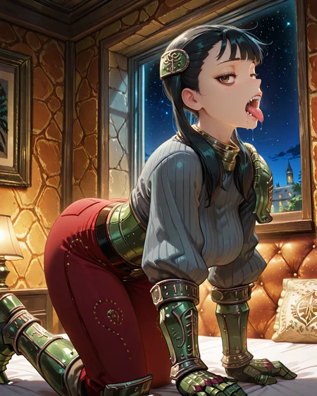 <lora:ChamIllustriousBackgroundEnhancer:0.5>, masterpiece, very aesthetic, absurdres, best quality, amazing quality, high resolution, newest, very awa, scenery,  (looking at viewer),  <lora:spo_sdxl_10ep_4k-data_lora_Illustrious:0.8> <lora:StabilizerIllustrious:0.8> , masterpiece, beautifully drawn, elegantly detailed, solo,  <lora:AsheiIL:0.8> , AshDef, 1girl, black hair, twintails, hair over shoulder, brown eyes, bags under eyes, hair ornament, gorget, grey sweater, ribbed sweater, single pauldron, armored corset, green corset, green gauntlets, red pants, belt, green greaves, solo, interior, fancy room, all-fours, tongue out, sharp teeth, drool, saliva, crawling, window, night sky, stars,