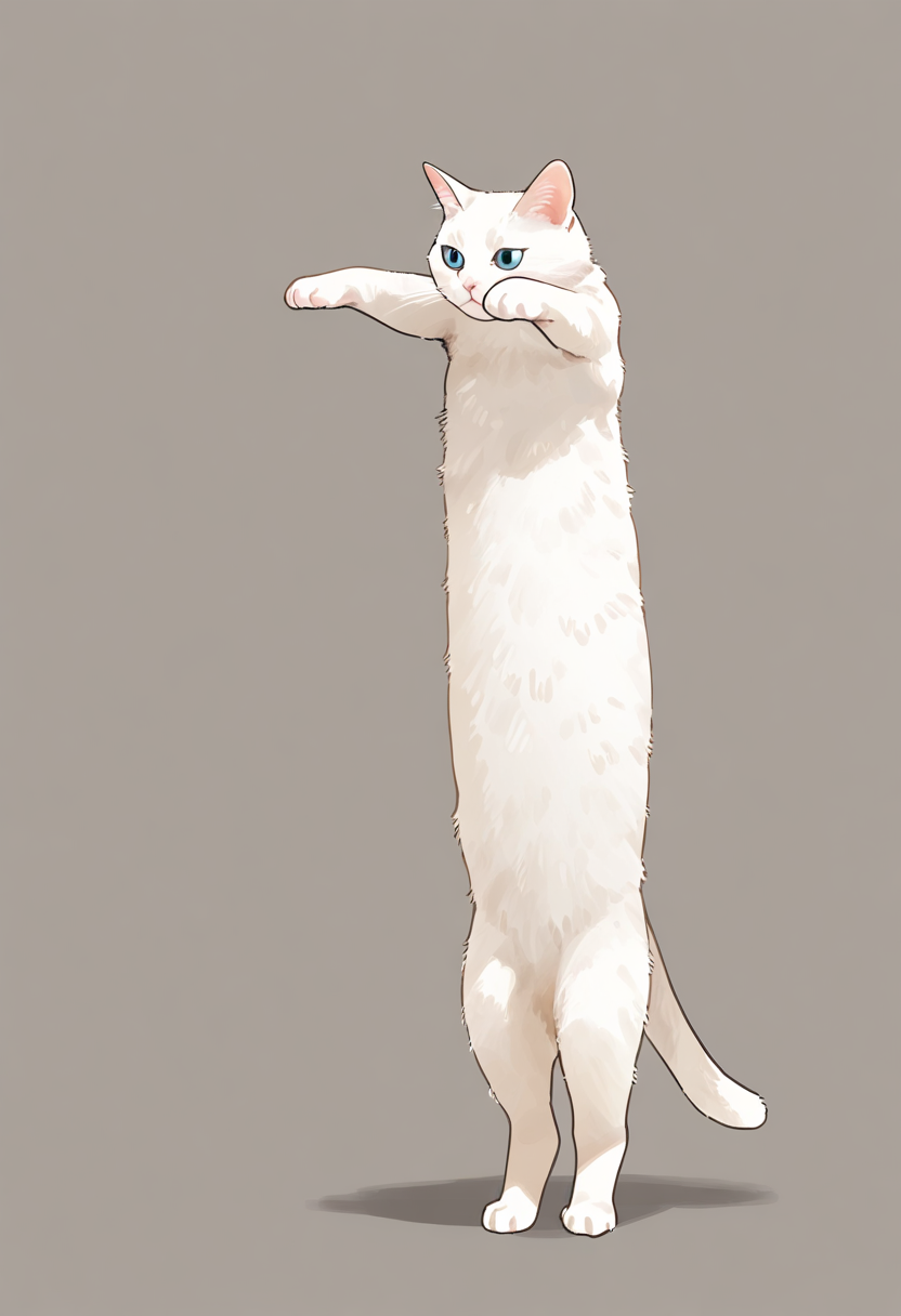 longcat (meme), animal focus, cat, simple background, no humans, animal, white fur, solo, grey background, standing, meme, full body, white cat, 
masterpiece, best quality, amazing quality, very aesthetic, absurdres, 
 <lora:concept_longcat_Illustrious_V2L:0.4>