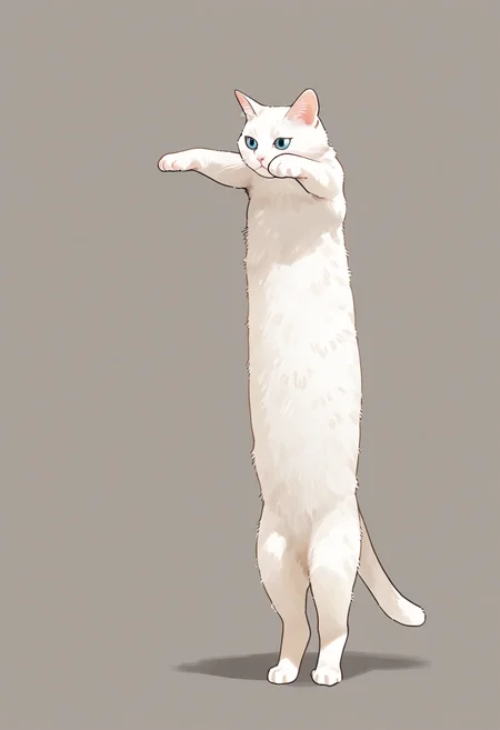 longcat (meme), animal focus, cat, simple background, no humans, animal, white fur, solo, grey background, standing, meme, full body, white cat,
masterpiece, best quality, amazing quality, very aesthetic, absurdres,
<lora:concept_longcat_Illustrious_V2L:0.4>