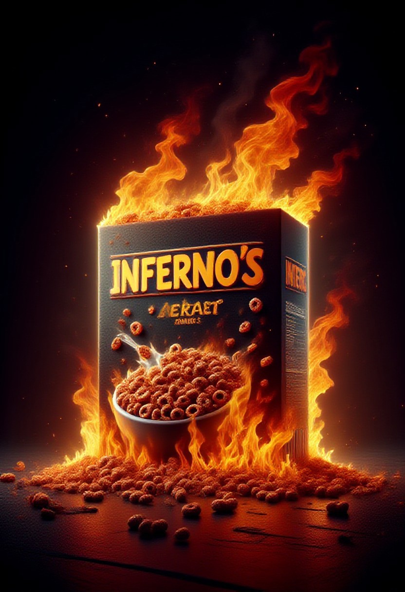 A box of cereal labeled "INFERNO'S", completely engulfed in flames, inferno, blazing, concept art, masterpiece, perfect lighting, purple green flames, 4k, absurdres,