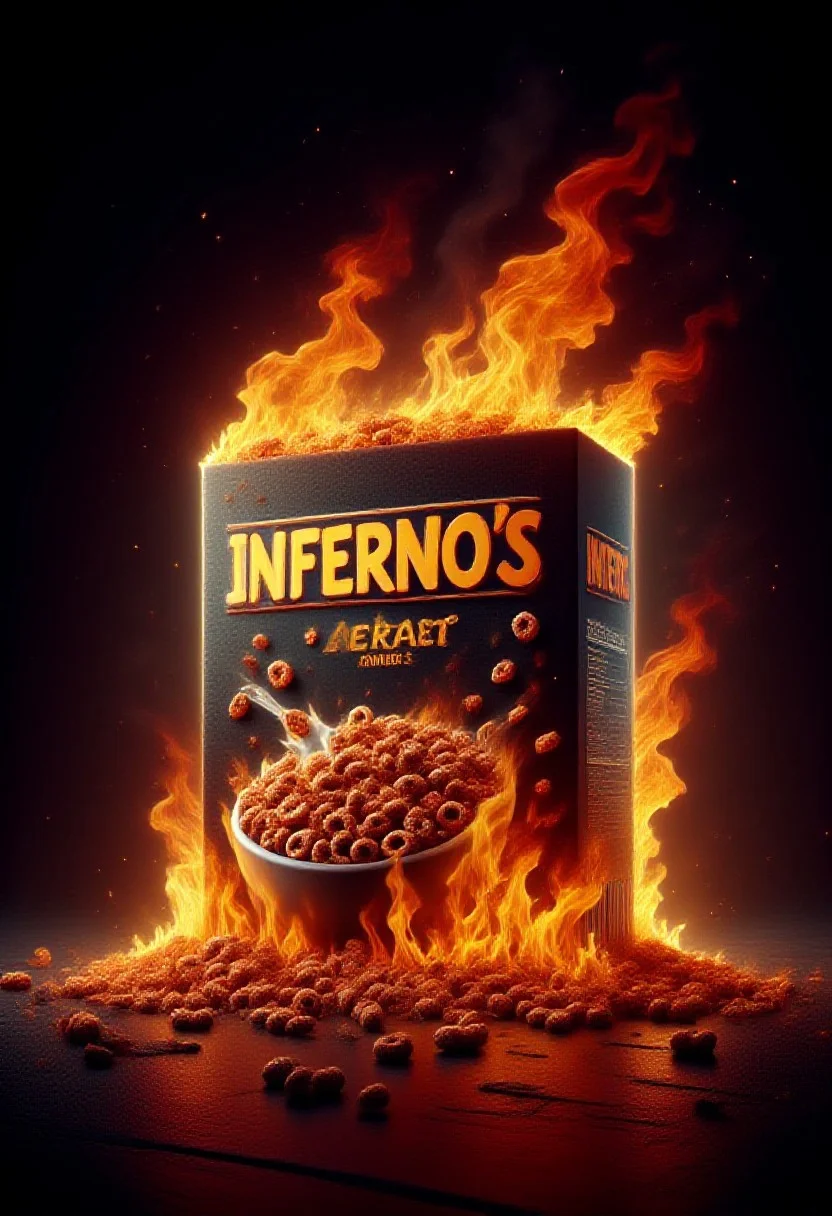 A box of cereal labeled "INFERNO'S", completely engulfed in flames, inferno, blazing, concept art, masterpiece, perfect lighting, purple green flames, 4k, absurdres,