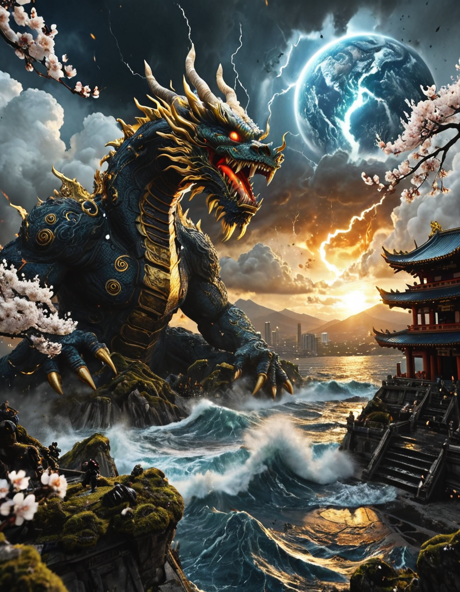 <lora:SW01v1-5xl:1> EFFD02, imagination, epic world, halos of light in the darkness of space, sunset, SE12, rich detailed sky, clouds, T10, landscape, mountains, high waves, rocks, tree, vegetation, moss, rough sea, blue, T1, white, dark blue, fantasy, blue, gold, T3, marble, T7, bokeh, T4, spacecraft, cyberpunk city, storm, lightnings, wind, giant hell monster, furious, dragon, asian temple, cherry blossom trees,