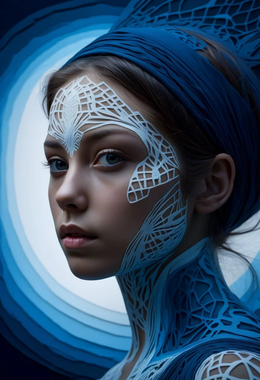 mysterious face, an exotic girl in artsy clothing, fading backlit background, (deep sea fading white to deep blue layered papercut background), alluring goddess, by Minjae Lee, Carne Griffiths, Emily Kell, Steve McCurry, Geoffroy Thoorens, Aaron Horkey, Jordan Grimmer, Greg Rutkowski, amazing depth, double exposure, surreal, geometric patterns, intricately detailed, bokeh, perfect balanced, deep fine borders, artistic photorealism , smooth, great masterwork by Suiras <lora:add-detail-xl:2> <lora:Double_Exposure:0.5>