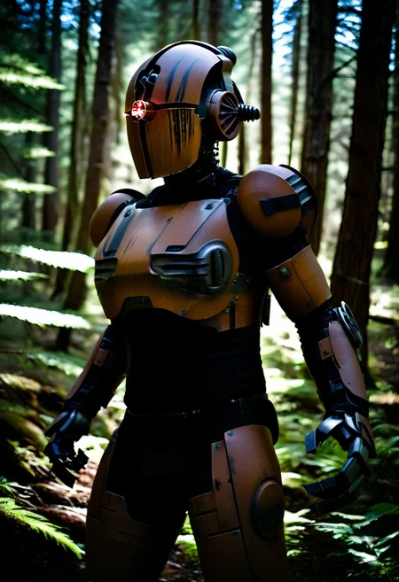 easynegative, extremely detailed, dark, chiaroscuro, low-key, AssaultronCosplay, zavy-strps, a brown assaultron robot, ((the assaultron has black stripes painted on its armor)), ((tiger stripe pattern)), in the forests of Oregon