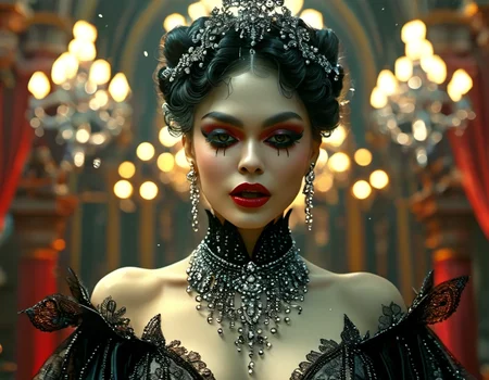 Hyper face close-up, hyper-realistic 3d animation image of midage demon vampire woman showing her fangs, with hair outbof the ordinary in noble robe high fashion, skin made of sparkling diamonds, deep black blind eyes, fantasyart in the style of photorealistic art, i can't believe how beautiful this is, playful expressions, comic art, photo-realistic, dynamic dramatic cinematic color, detailed, intricate, sharp focus, full colorful, highly contrasted, elegant, creative, perfect composition, cool colors, glowing rich vibrant vivid brilliant background, very coherent, symmetry, stunning, aesthetic, joyful, pure, amazing, marvelous, luxury, epic, elaborate, complex, extremely nice, professional, thought, magic, fascinating <lora:MJ52:0.6>