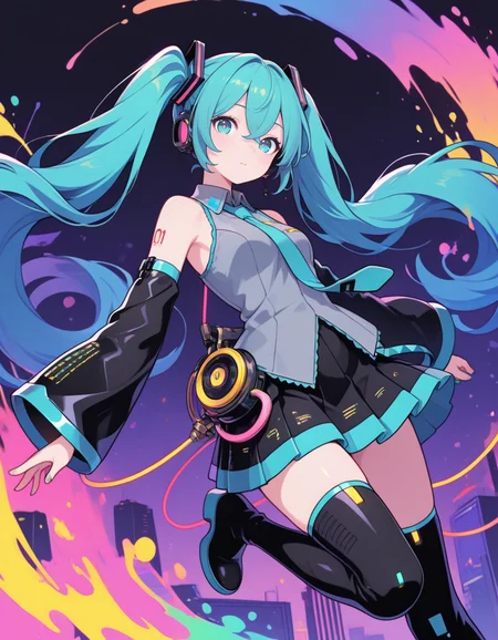 1girl, Techwear fashion, looking at viewer, hatsune miku, aqua eyes, aqua hair, crossed bangs, hair between eyes, hair ornament, headphones, long hair, twintails, aqua necktie, black footwear, black skirt, black sleeves, boots, collared shirt, detached sleeves, grey shirt, necktie, pleated skirt, shirt, skirt, sleeveless, sleeveless shirt, thigh boots, tie clip, dynamic pose, colorful background, artistic background, splash of glowing paint, thrown paint, magical glow, futuristic, cyberpunk, urban, tactical, sleek, dark, <lora:CuteIXL-style:1>