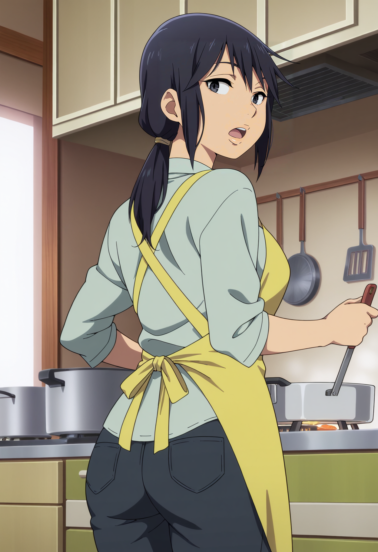 1girl,solo,Sachiko,mature female,black hair,black eyes,long hair,ponytail,breasts,anime coloring, 
shirt,pants,apron,cooking,kitchen, from behind, looking back, open mouth, indoors,cowboy shot, 
,masterpiece,best quality,amazing quality,<lora:Sachiko_Fujinuma-Boku_dake_ga_Inai_Machi:0.8>