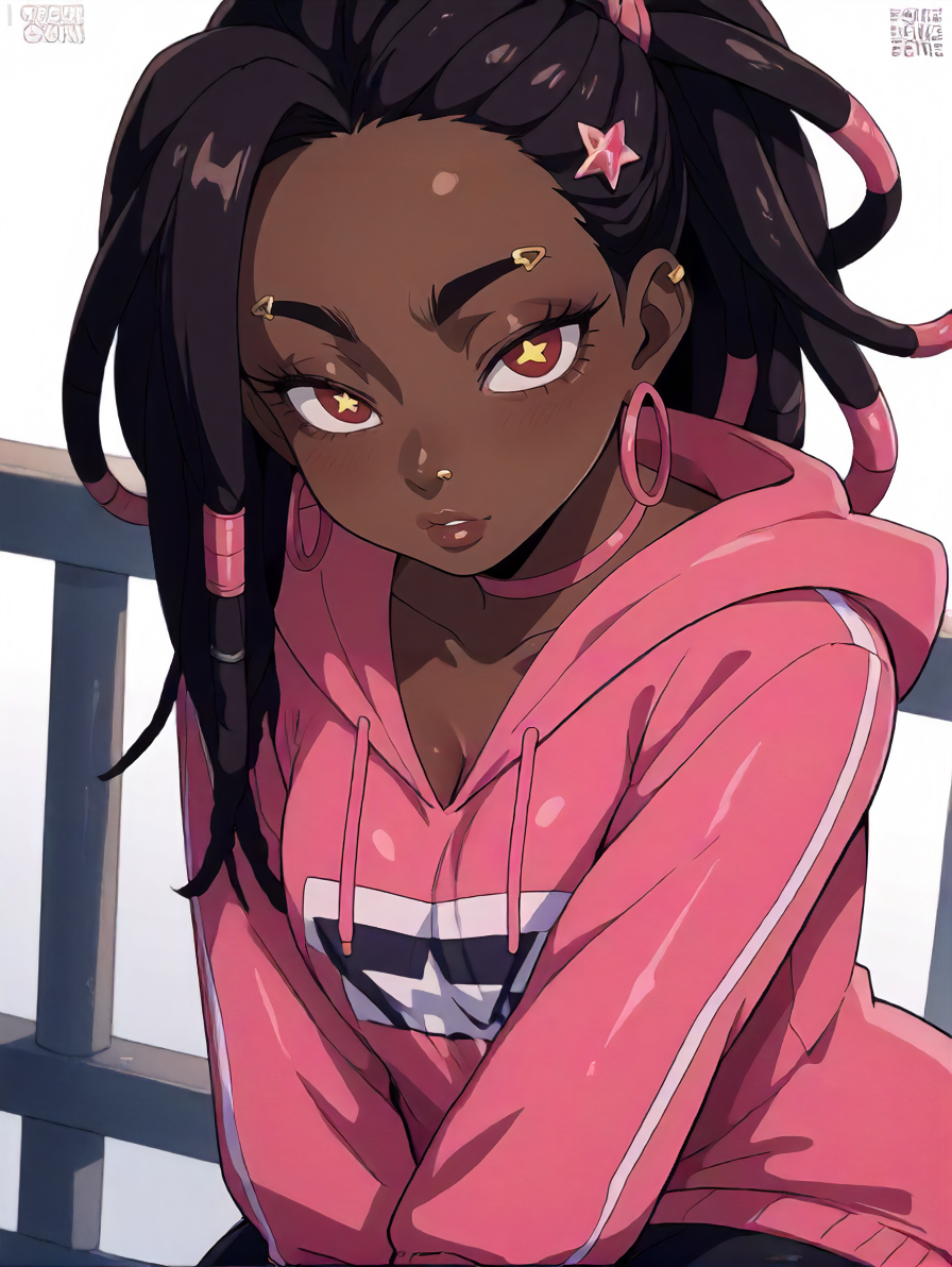 score_9_up, score_8_up, score_7_up, source_anime,  BREAK, barbed wire encampment, makeshift defenses, wary survivors, constant vigilance, Dutch Angle (from behind) view medium Distance shot, Leaning against a railing, gazing into the distance,, Wistful, A face expressing longing, often with a far-off gaze, solo, 1girl, (black skin:1.4), (long dreadlocks:2, dreadlocks tied together, jet black hair), tapered eyebrows, african american, sharp red eyes, half closed eyes, lips, wide hips, eyebrow piercing, nose piercing, medium breasts, baggy hoodie, long shirt, long sleeves, loose sleeves, clothing logo, logo designs, pink bandaids, star hairclip, pink choker, star pupils, eye highlights, pink nails, pink cellphone, pink earrings, multicolored hair, pink highlights, 90s anime aesthetic, <lora:TestyleAnime:0.6> <lora:Bluethebone_Style_PonyXL:0.8> <lora:CLB-PD-v0.3:1>  <lora:Skin Color_alpha1.0_rank4_noxattn_250steps:1.5>