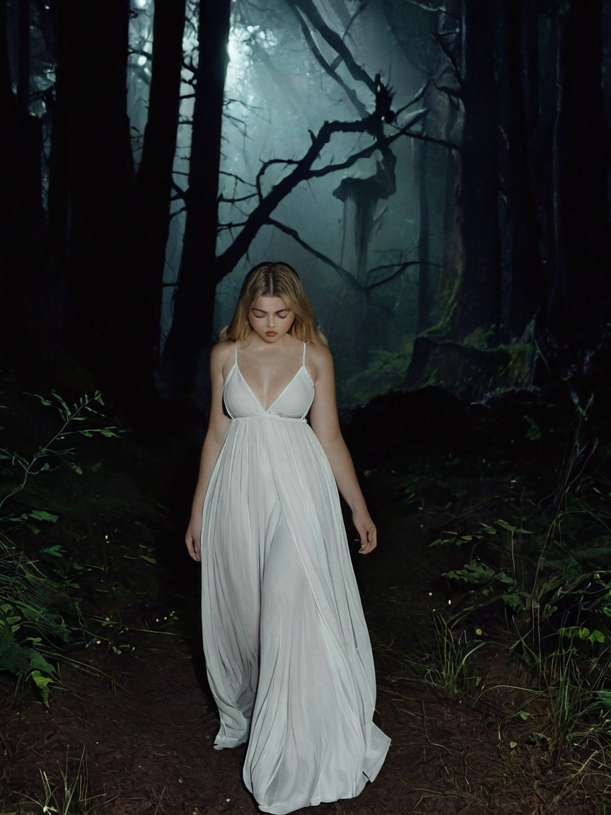 Cinematic fashion photograph  Rebekka_Larsson_P_MXAI_SDXL walking through a dreamlike mystical forest at night, wearing a flowing white dress, cinematic shot       Rebekka_Larsson_P_MXAI_SDXL